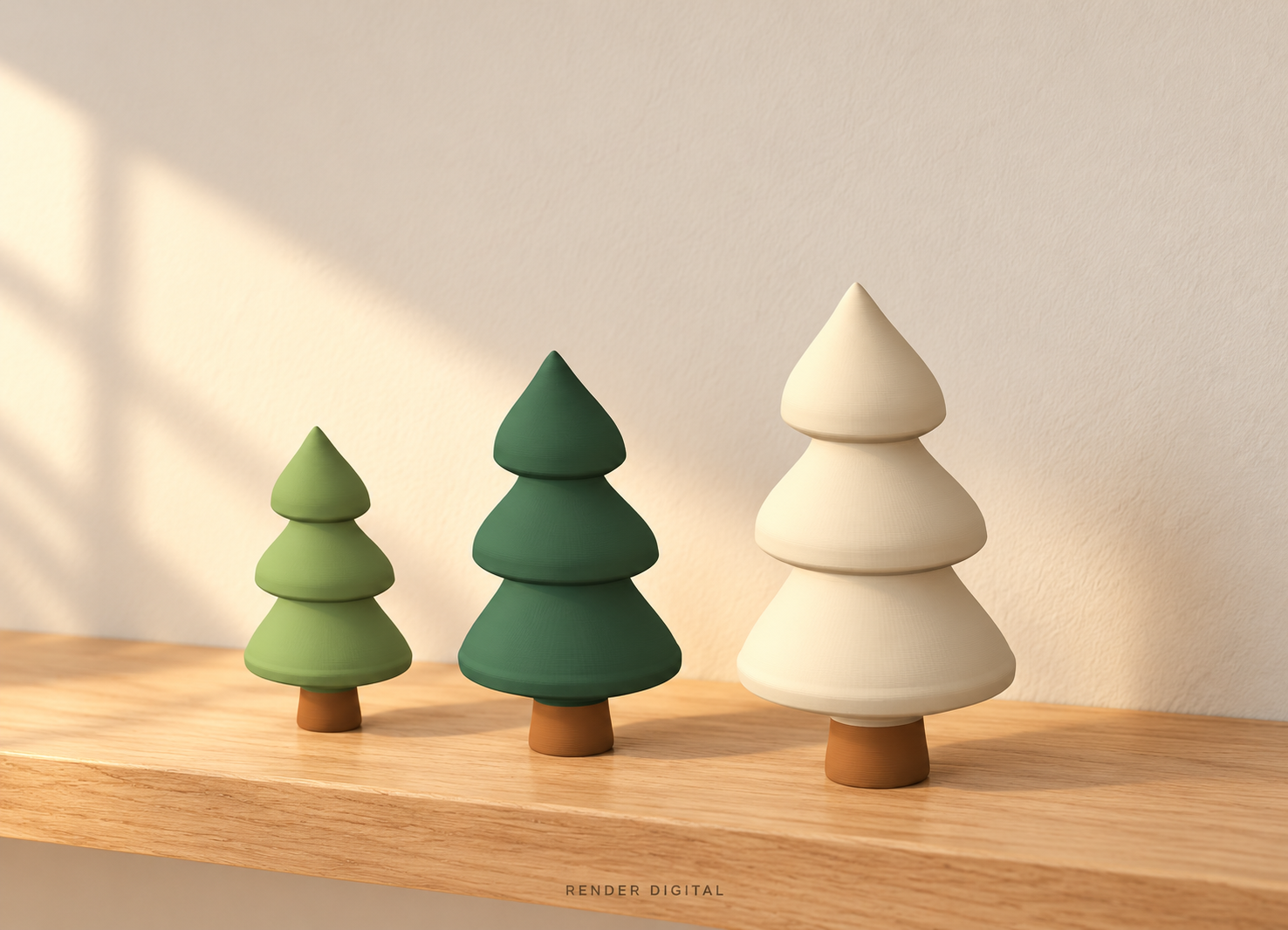 Renderização digital do Bosque de Brisa: três pinheiros sálvia, verde e marfim, com troncos caramelo, sobre uma prateleira