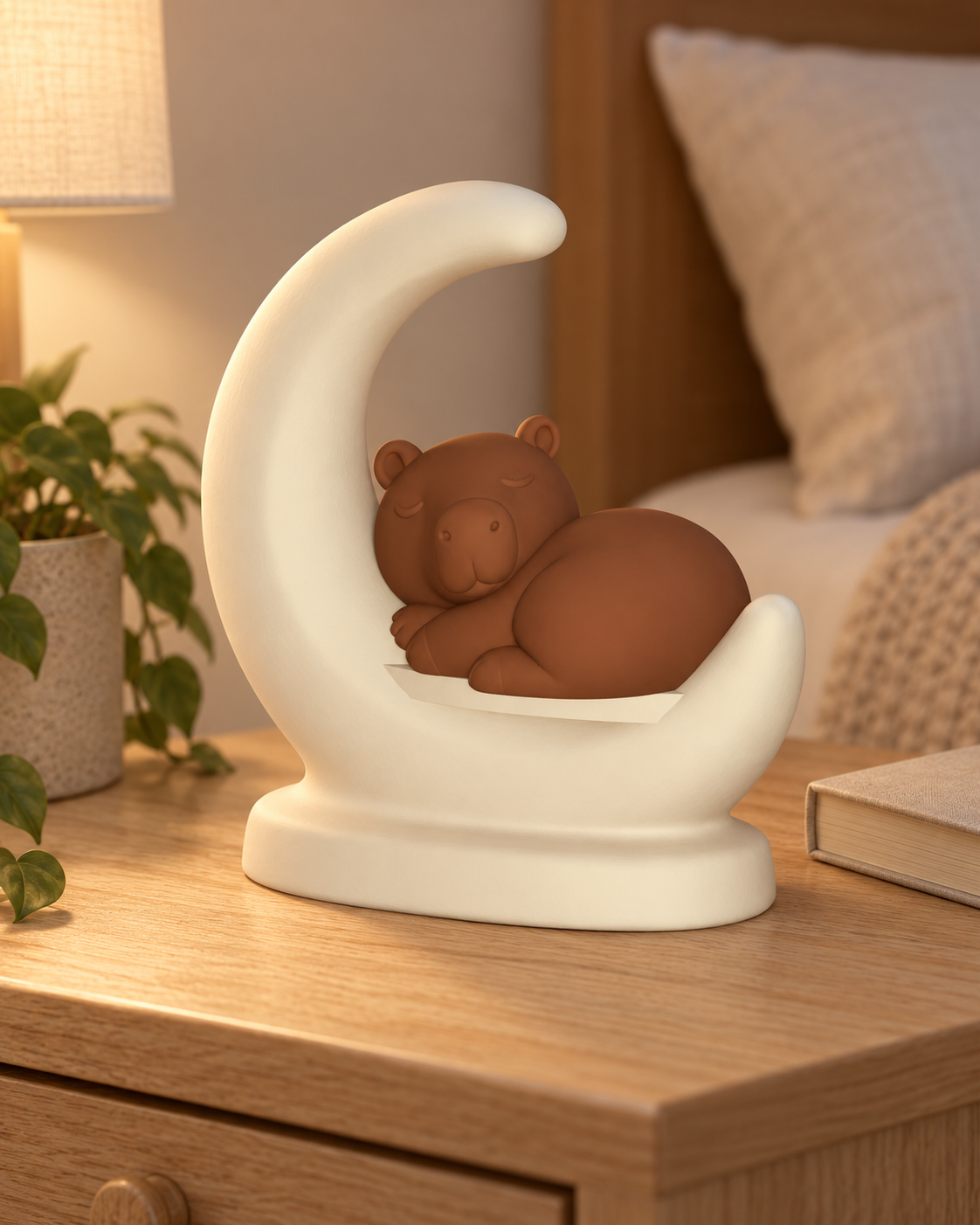 Renderização digital criada com IA de uma capivara sonolenta apoiada em uma lua crescente marfim sobre uma mesa de cabeceira