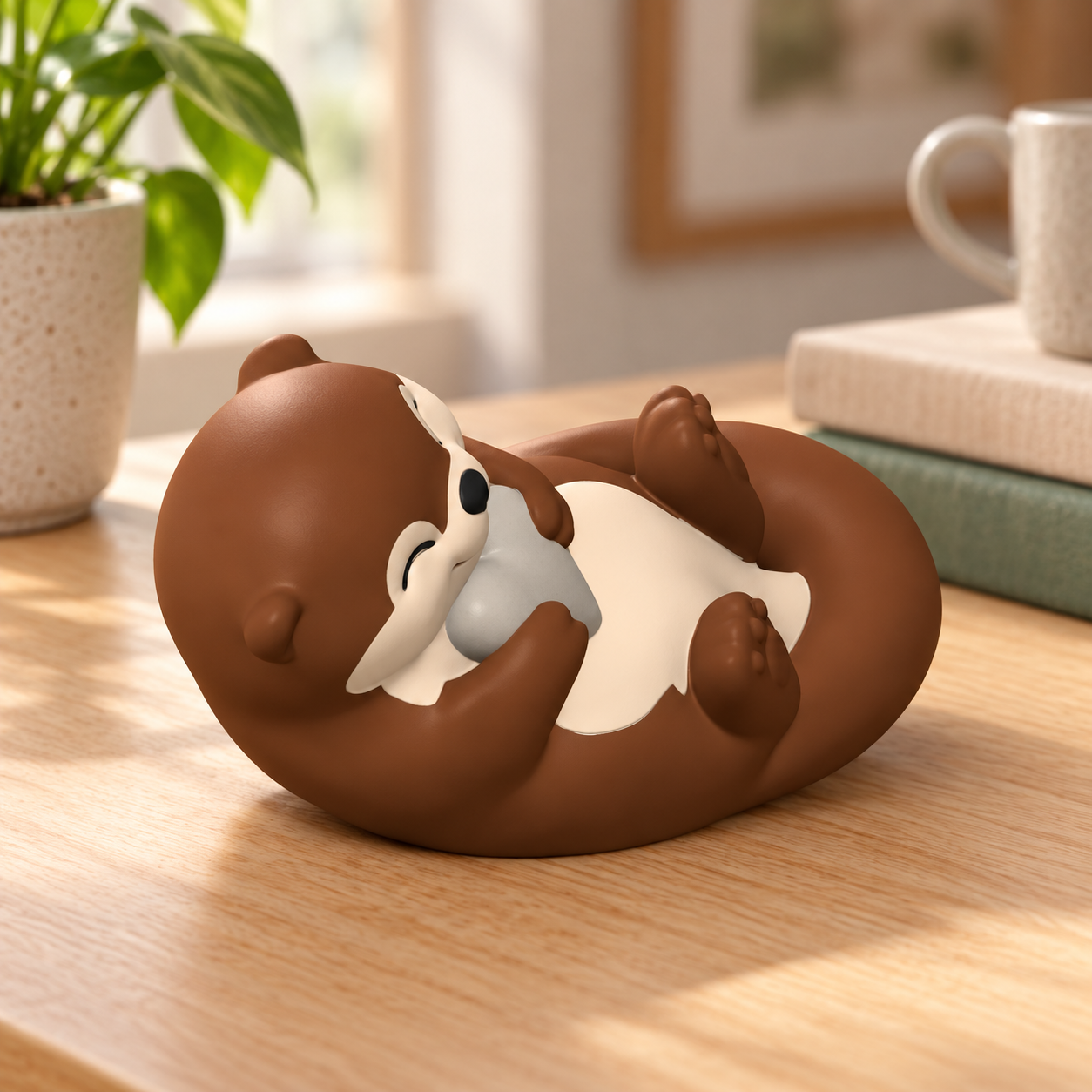 Renderização digital criada com IA da Lontra Abraço, deitada com barriga creme e corpo cacau, abraçando um coração cinza-claro sobre uma mesa de leitura
