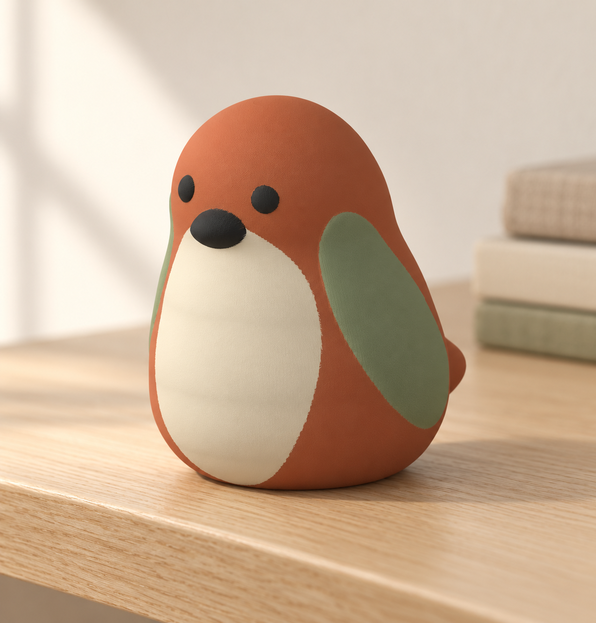 Renderização digital criada com IA do Pássaro Brisa terracota, com peito creme e asas sálvia, sobre uma mesa ao lado de livros