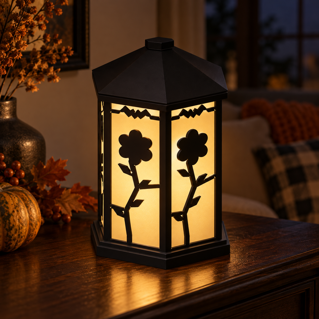 Visualização criada com IA da luminária ShadowBloom, com flores, ramos e morcegos iluminados por LED