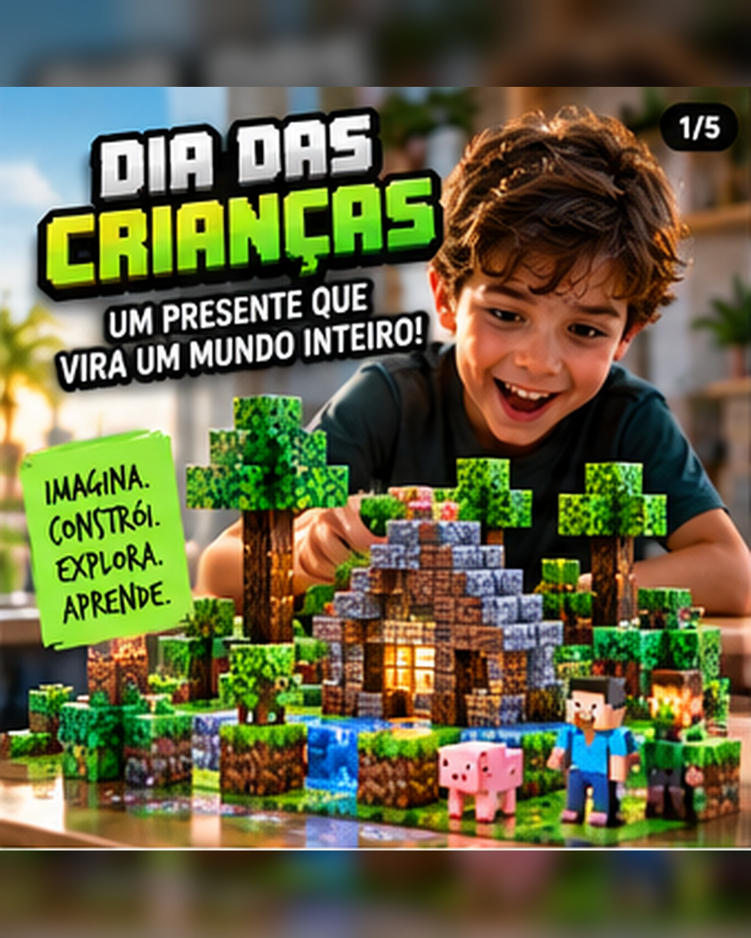 Criança montando um cenário colorido com blocos magnéticos de construção em estilo pixelado