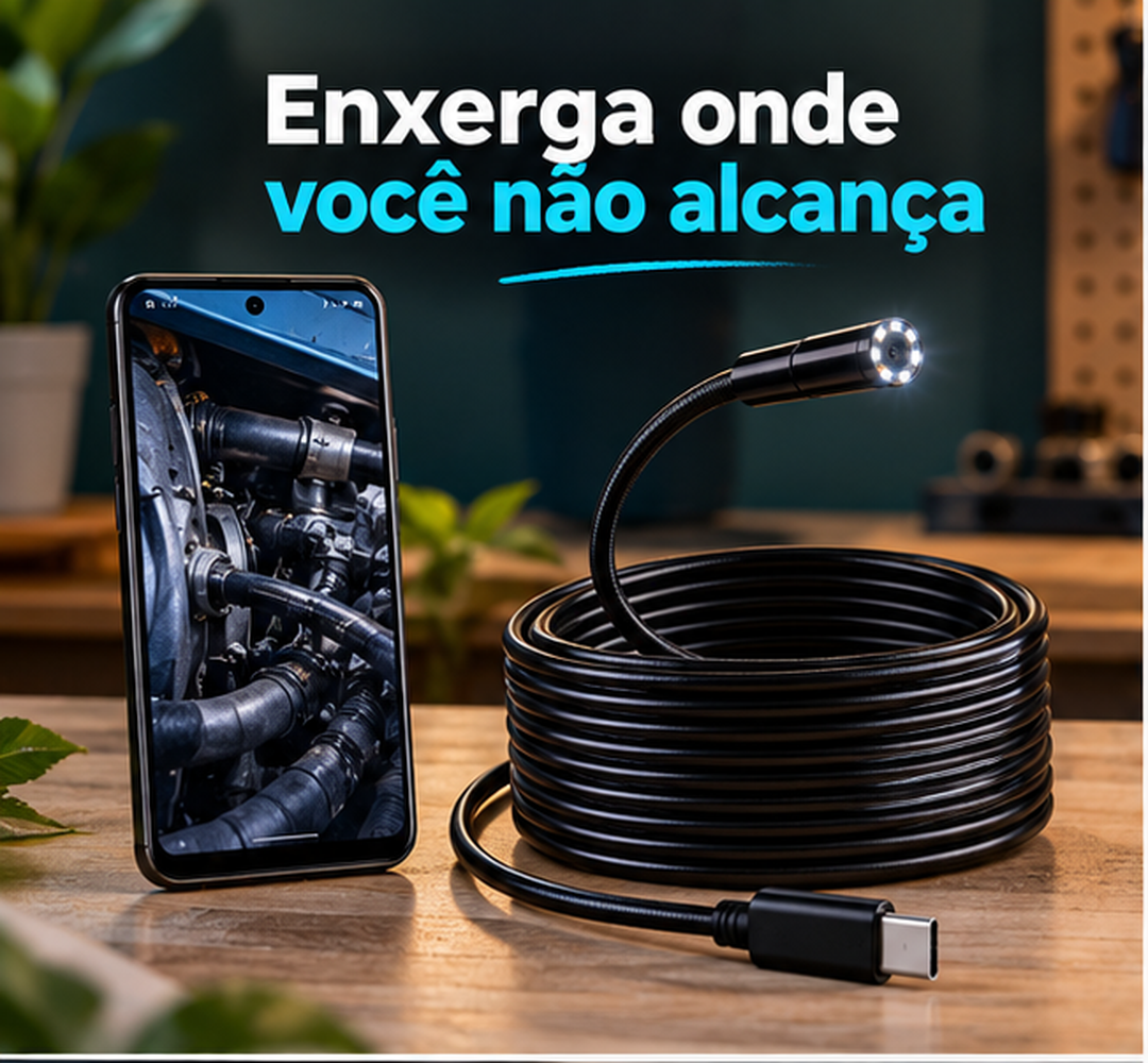 Imagem ilustrativa de uma câmera endoscópica preta com cabo enrolado e celular Android para visualizar espaços estreitos