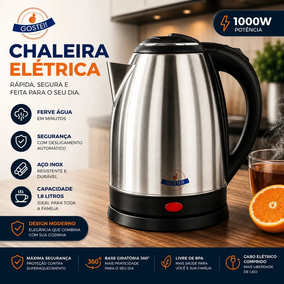 Chaleira elétrica Gostei de aço inoxidável com alça preta e base giratória, capacidade de 1,8 litro