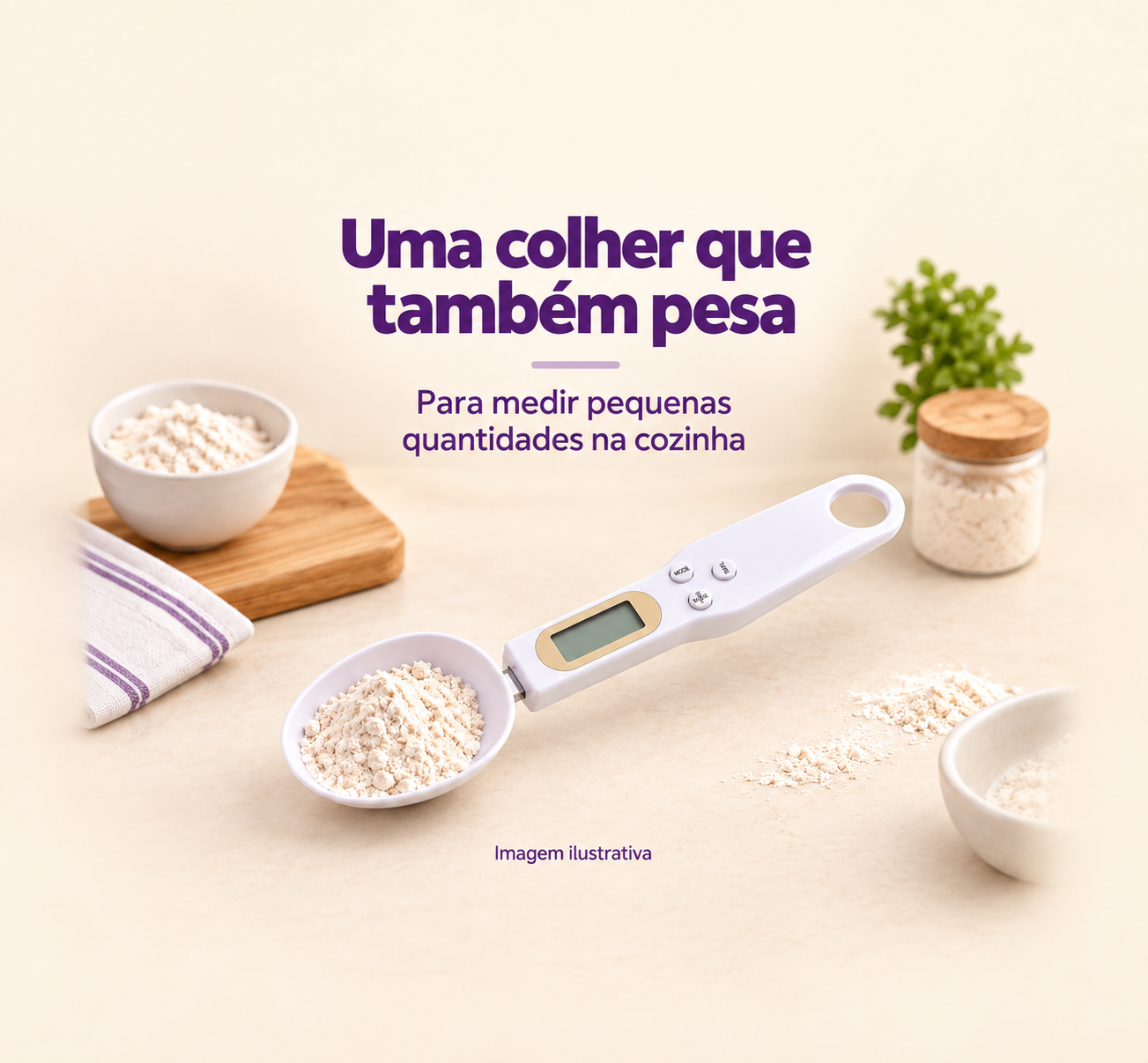 Imagem ilustrativa da colher balança digital branca com visor digital para pequenas porções na cozinha