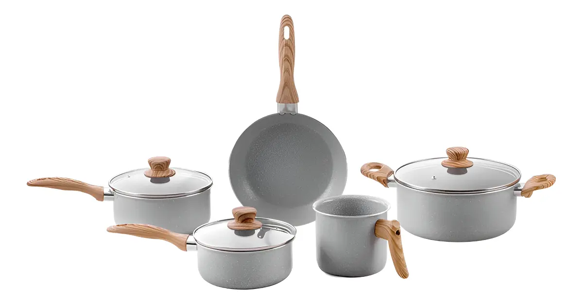 Conjunto cinza Brinox Ceramic Life Easy com três panelas com tampa, frigideira e fervedor