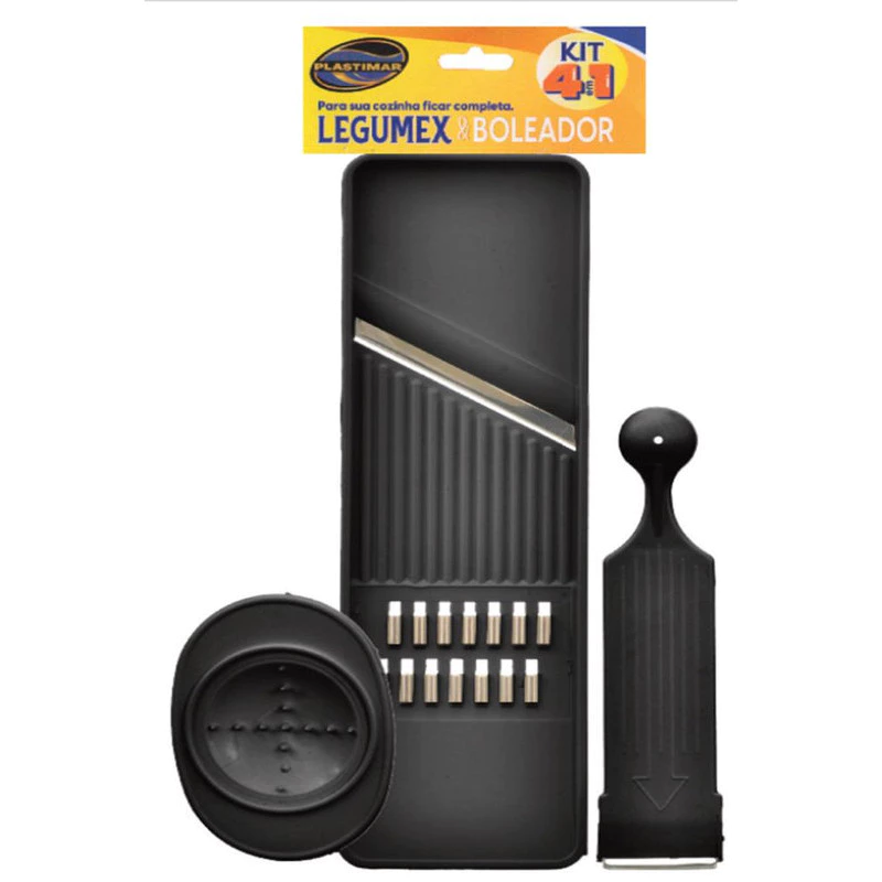 Kit preto Legumex com fatiador, boleador e acessórios para cortar e modelar legumes e frutas