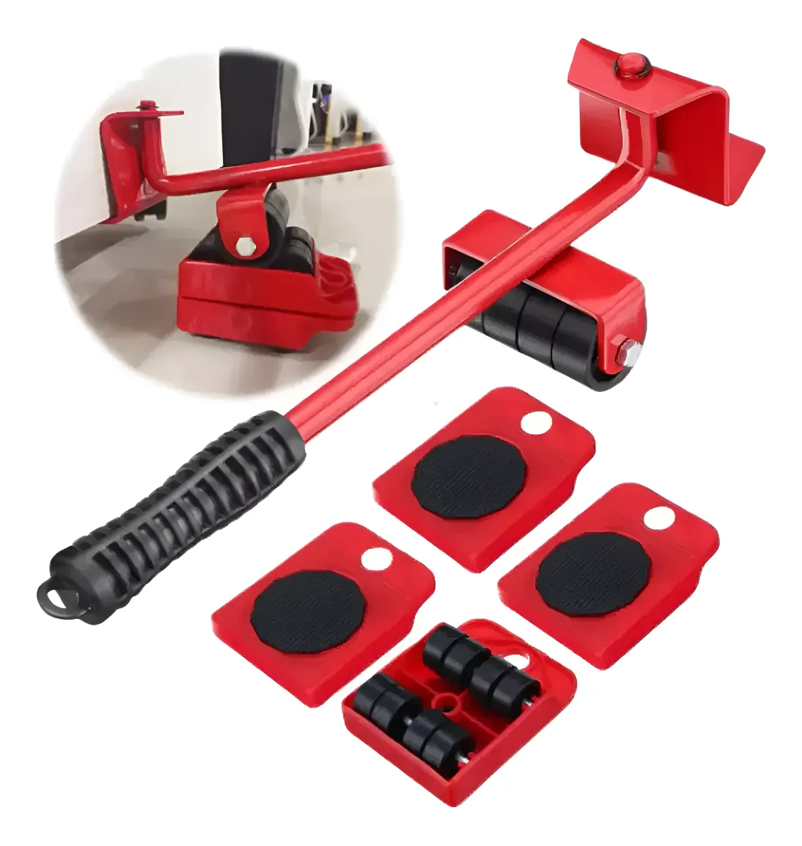 Foto do anúncio do kit vermelho com uma alavanca e quatro bases com rodinhas e apoios pretos