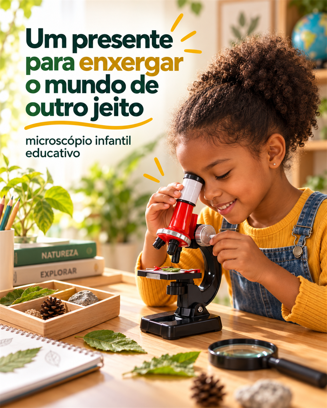 Menina observando uma amostra em um microscópio infantil vermelho e preto ImportWay