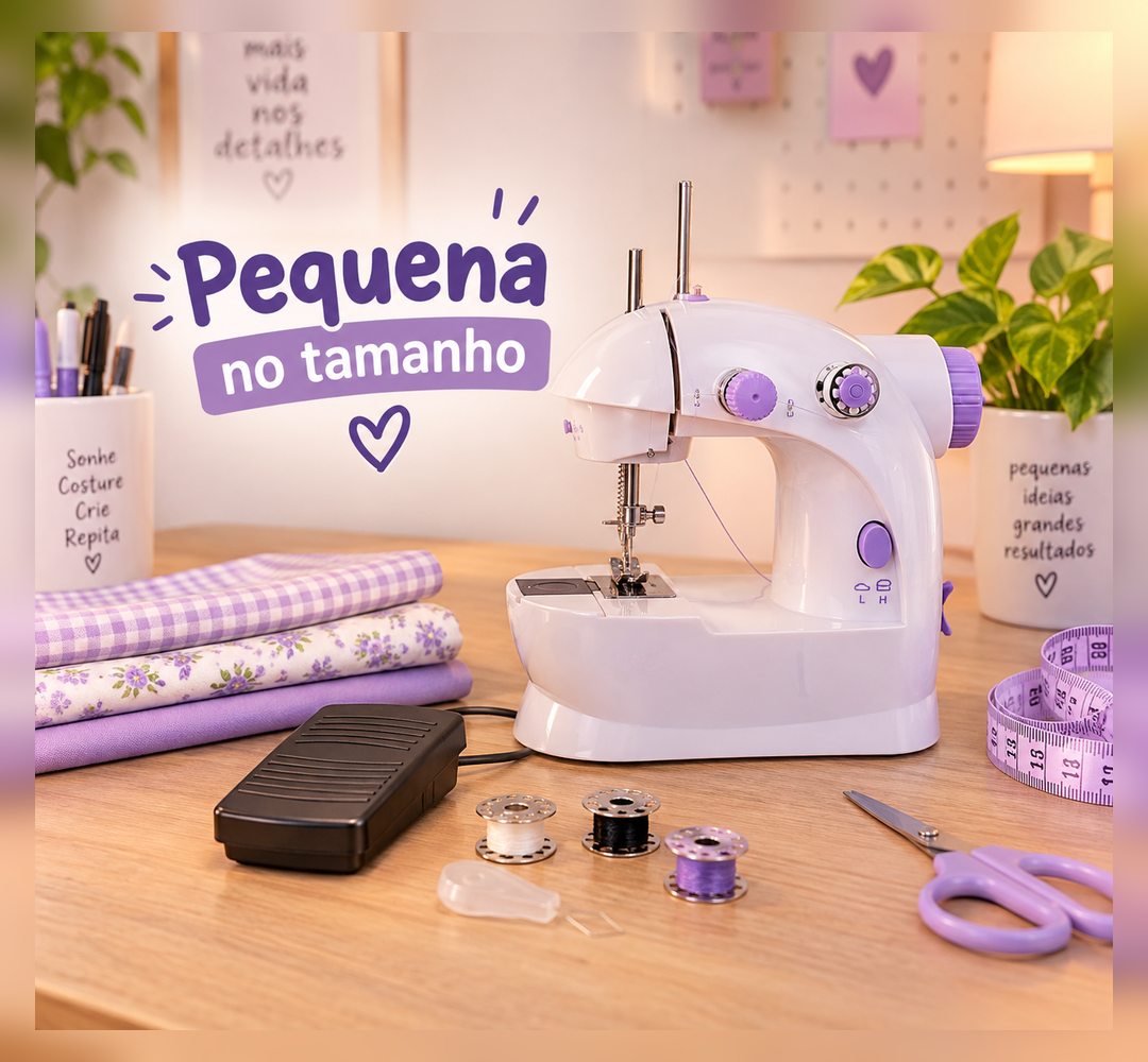 Imagem ilustrativa da mini máquina de costura branca e lilás, com pedal e acessórios