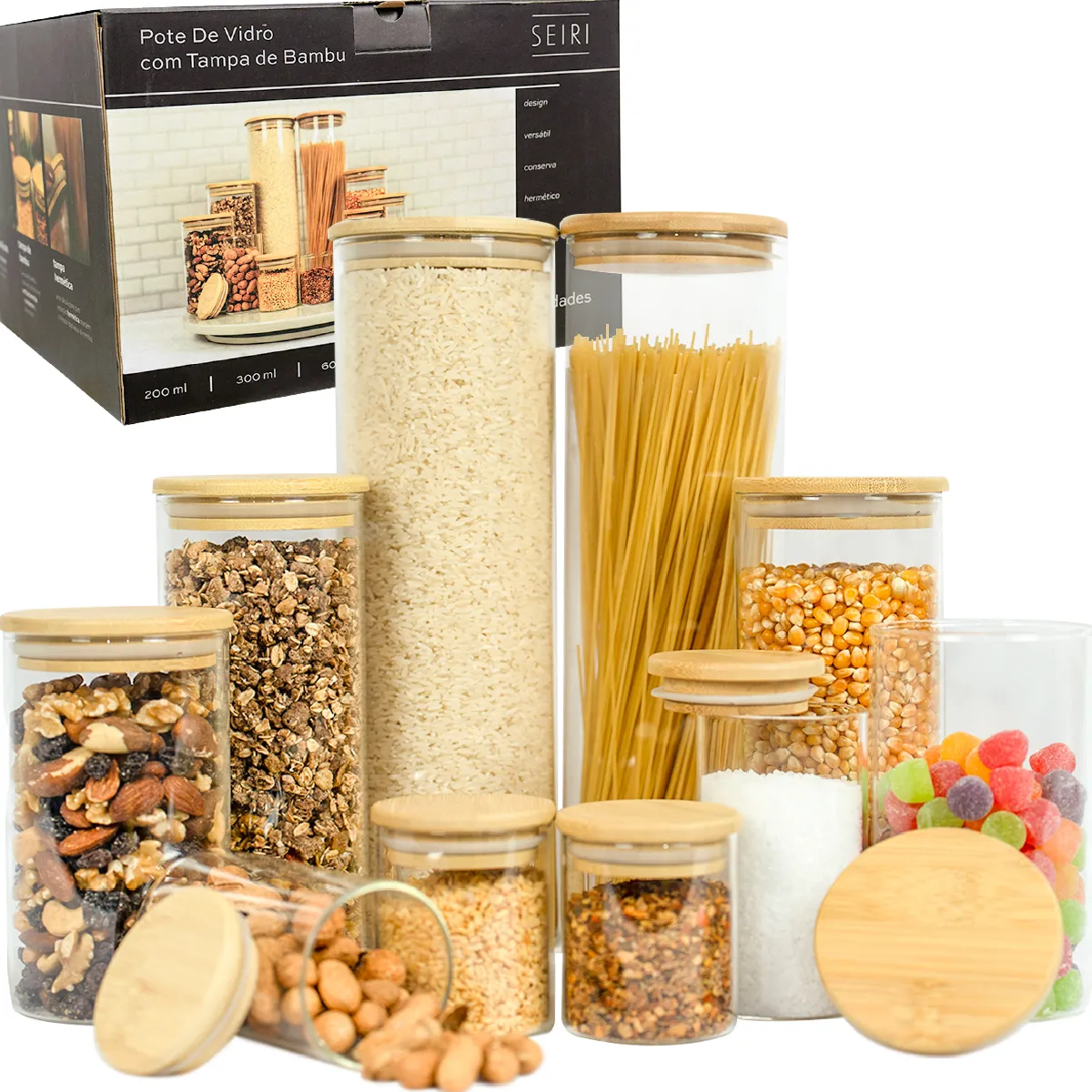 Kit com dez potes herméticos de vidro e tampas de bambu para organizar mantimentos