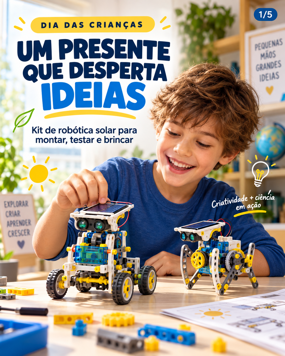 Kit educacional de robótica solar 14 em 1 com peças para montar diferentes modelos