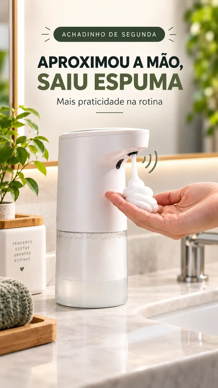 Saboneteira automática branca liberando espuma por sensor sobre uma bancada de cozinha