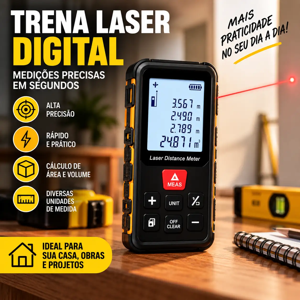 Trena laser digital AMPRO ACOUSTIC TEM-E44 usada para medir uma parede