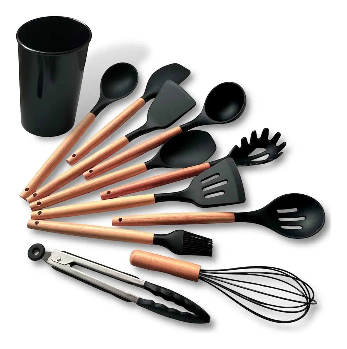 Kit preto com onze utensílios de cozinha, cabos de madeira e pote organizador